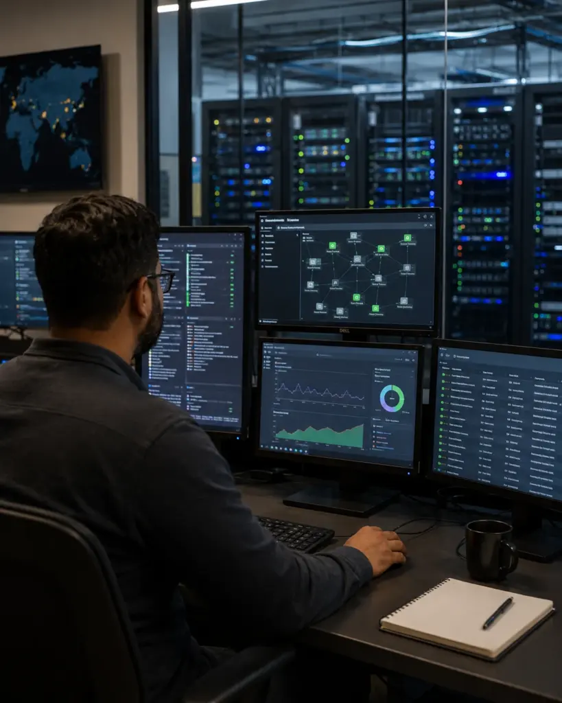 IT operations specialist monitoring business systems and network infrastructure