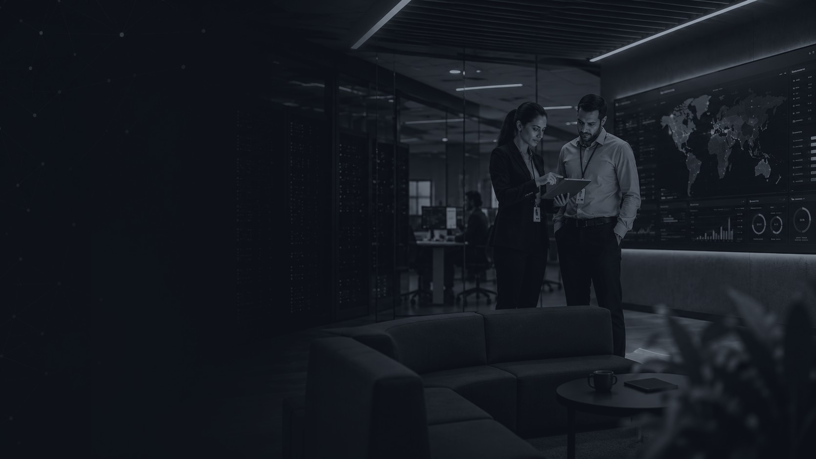 Original AI-generated illustrative visual representing IT professionals collaborating in a data center, used for editorial/decorative purposes on the Bitek Solutions homepage hero